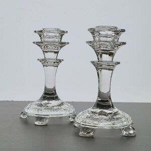 Vintage Fostoria 5" Candlestick Holder Set of 2, Florentine Clear Etched Floral
